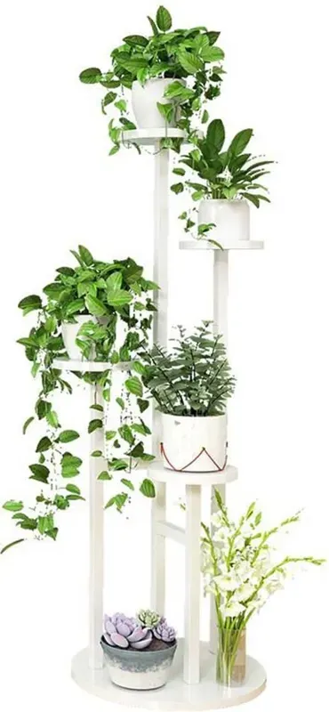 Kwietnik na 6 doniczek 4-poziomowy metalowo-drewniany FINO (Biały)